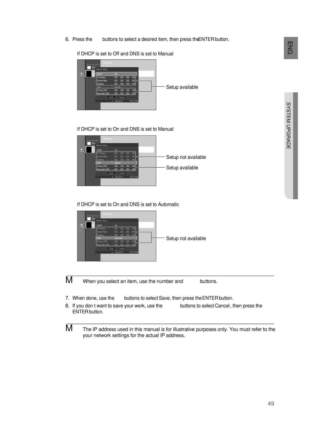 Samsung AH68-02019S manual Setup available, System, If Dhcp is set to On and DNS is set to Manual 