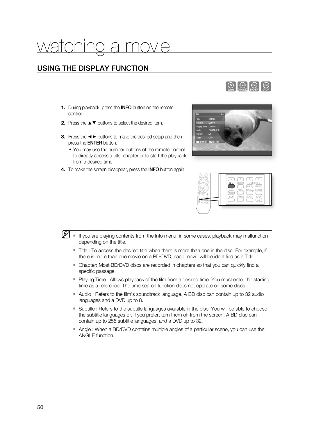 Samsung AH68-02019S manual Watching a movie, USIng the Display FUnCTIOn 