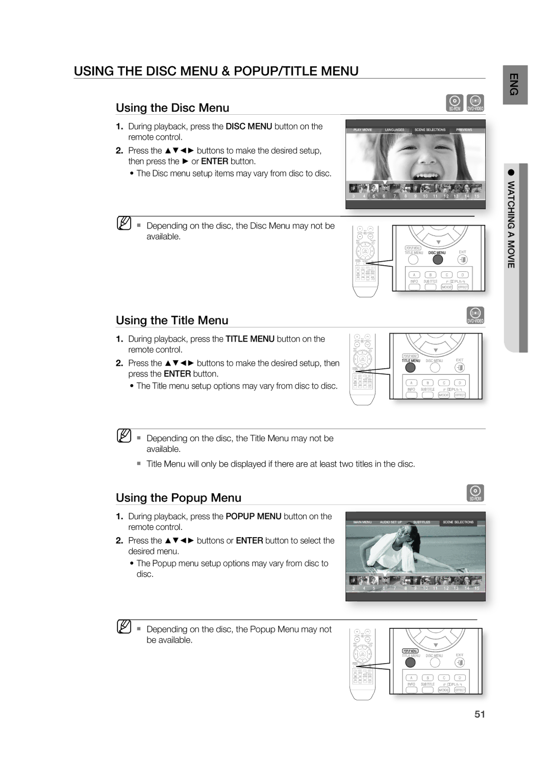 Samsung AH68-02019S manual USIng the Disc MEnU & POPUP/TITLE MEnU, Using the Disc Menu, Using the Title Menu, Movie 