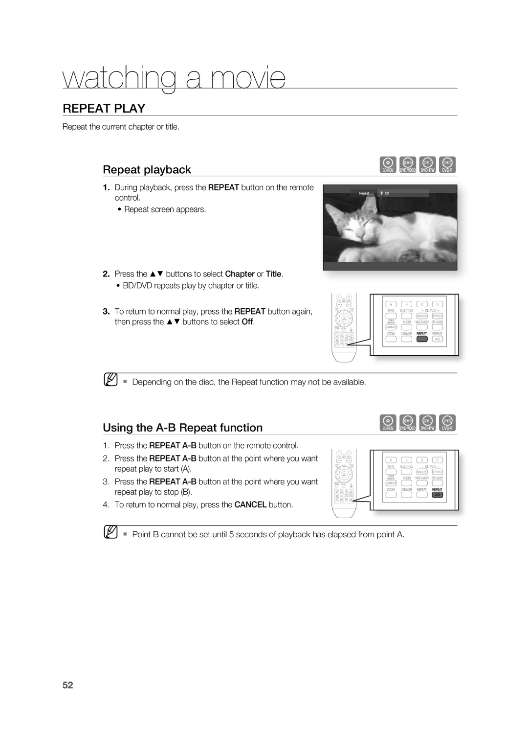 Samsung AH68-02019S manual Repeat playback, Using the A-B Repeat function, Repeat the current chapter or title, Control 