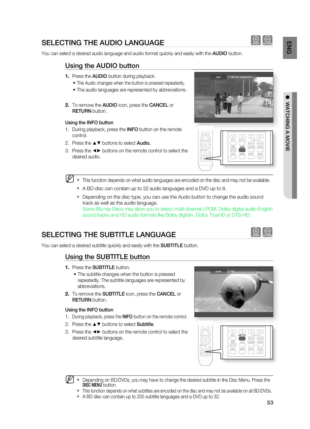 Samsung AH68-02019S manual SELECTIng the Audio LAngUAgE, SELECTIng the Subtitle LAngUAgE, Using the Audio button 