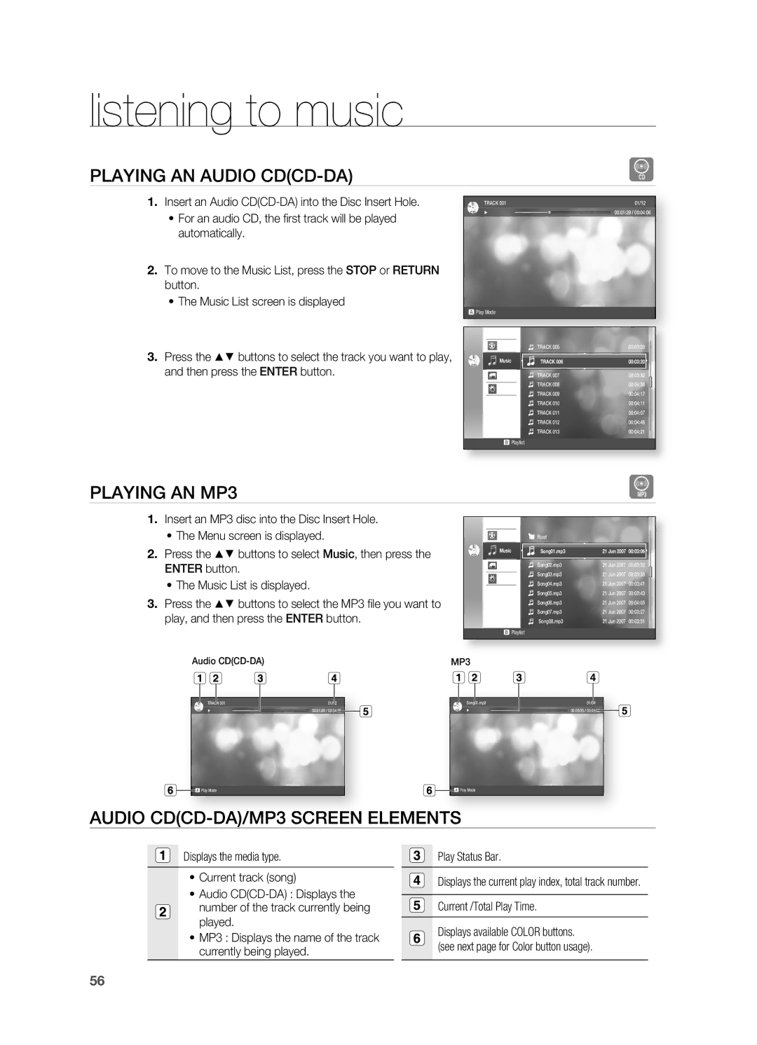 Samsung AH68-02019S manual Listening to music, PLAYIng An Audio CDCD-DA, PLAYIng An MP3, ELEMEnTS 