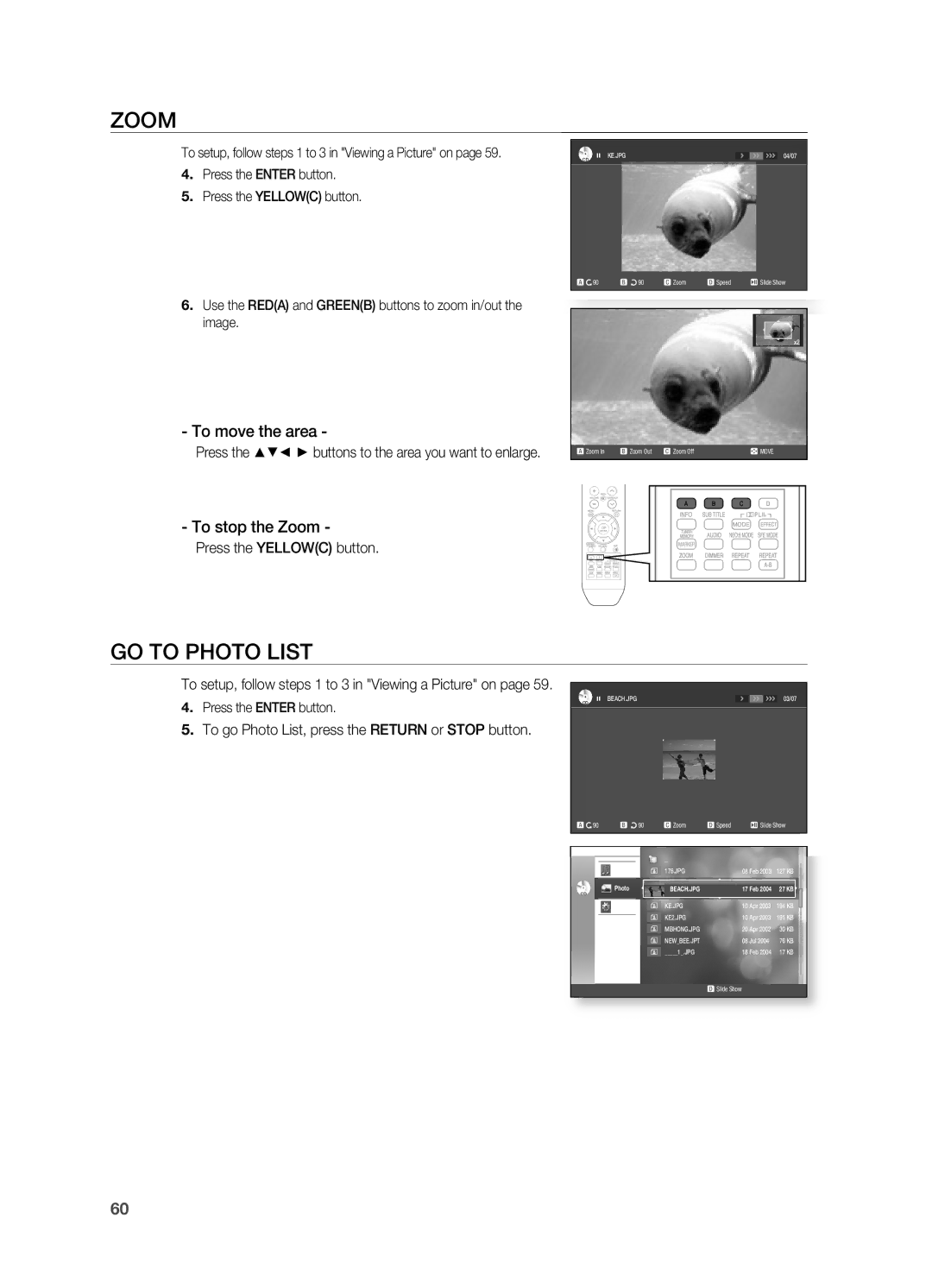 Samsung AH68-02019S manual GO to Photo List, To move the area, To stop the Zoom 