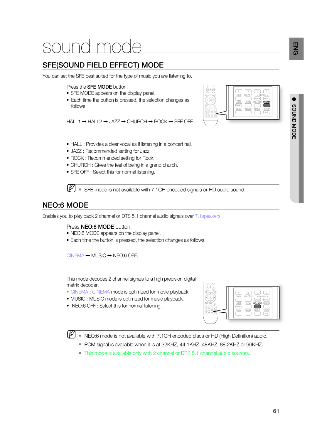 Samsung AH68-02019S manual Sound mode, SFESOUnD Field Effect Mode, NEO6 Mode, Press nEO6 Mode button 