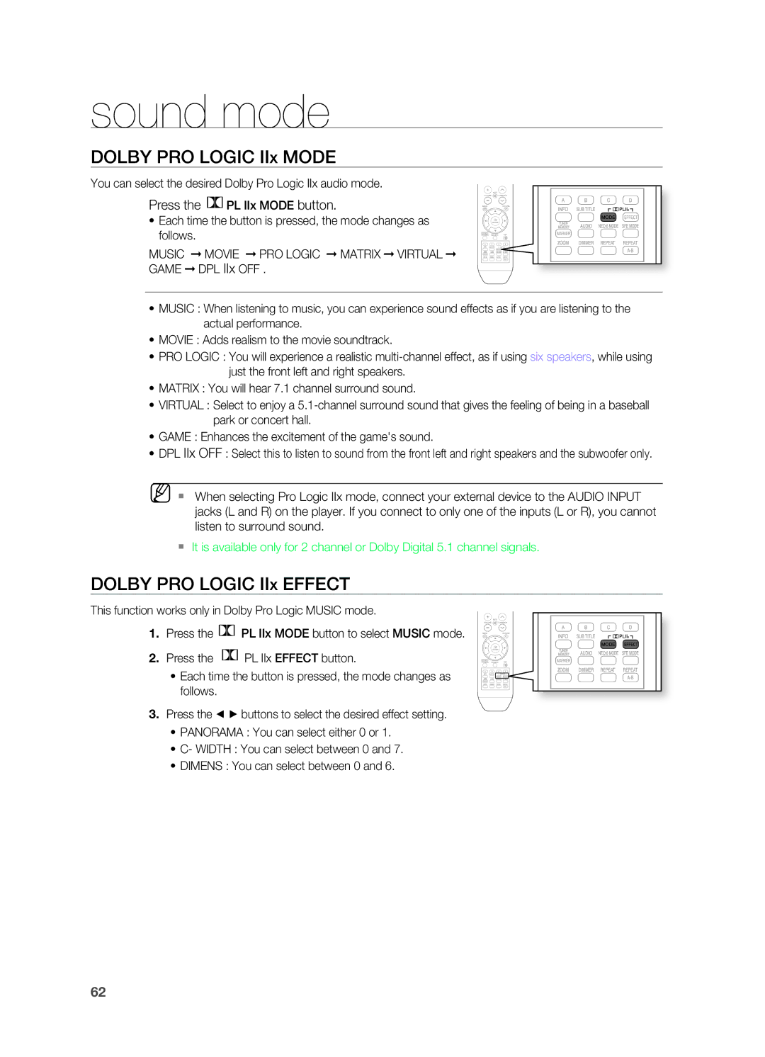 Samsung AH68-02019S manual Dolby PRO LOgIC IIx Mode, Dolby PRO LOgIC IIx Effect, Press the PL IIx Mode button 