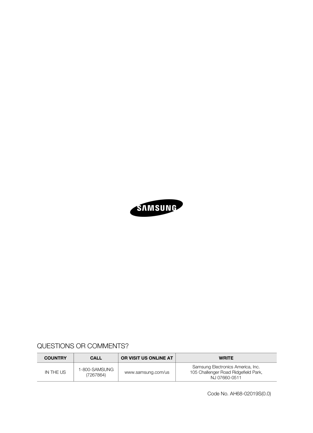 Samsung AH68-02019S manual Questions Or Comments?, Country, Call, Or Visit Us Online At, Write, In The Us, Samsung 