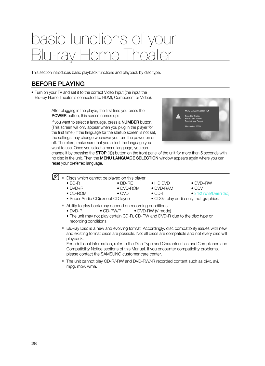 Samsung AH68-02019S manual basic functions of your Blu-rayHome Theater, BEFORE PLAYIng 