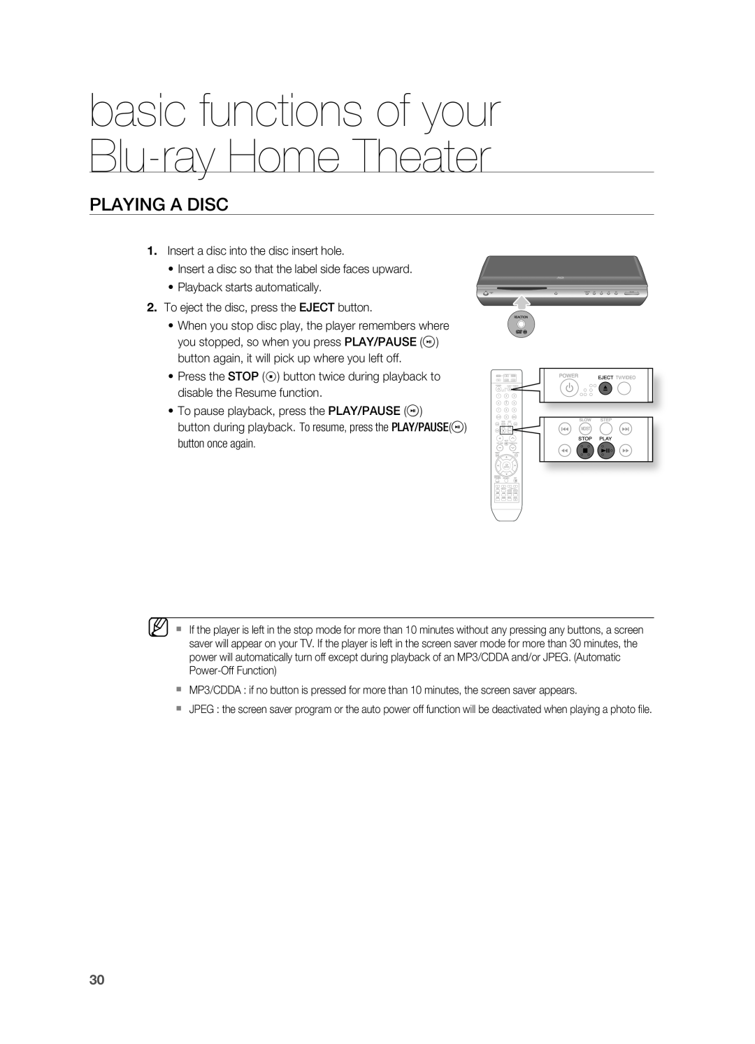 Samsung AH68-02019S manual PLAYIng A DISC, basic functions of your Blu-rayHome Theater 