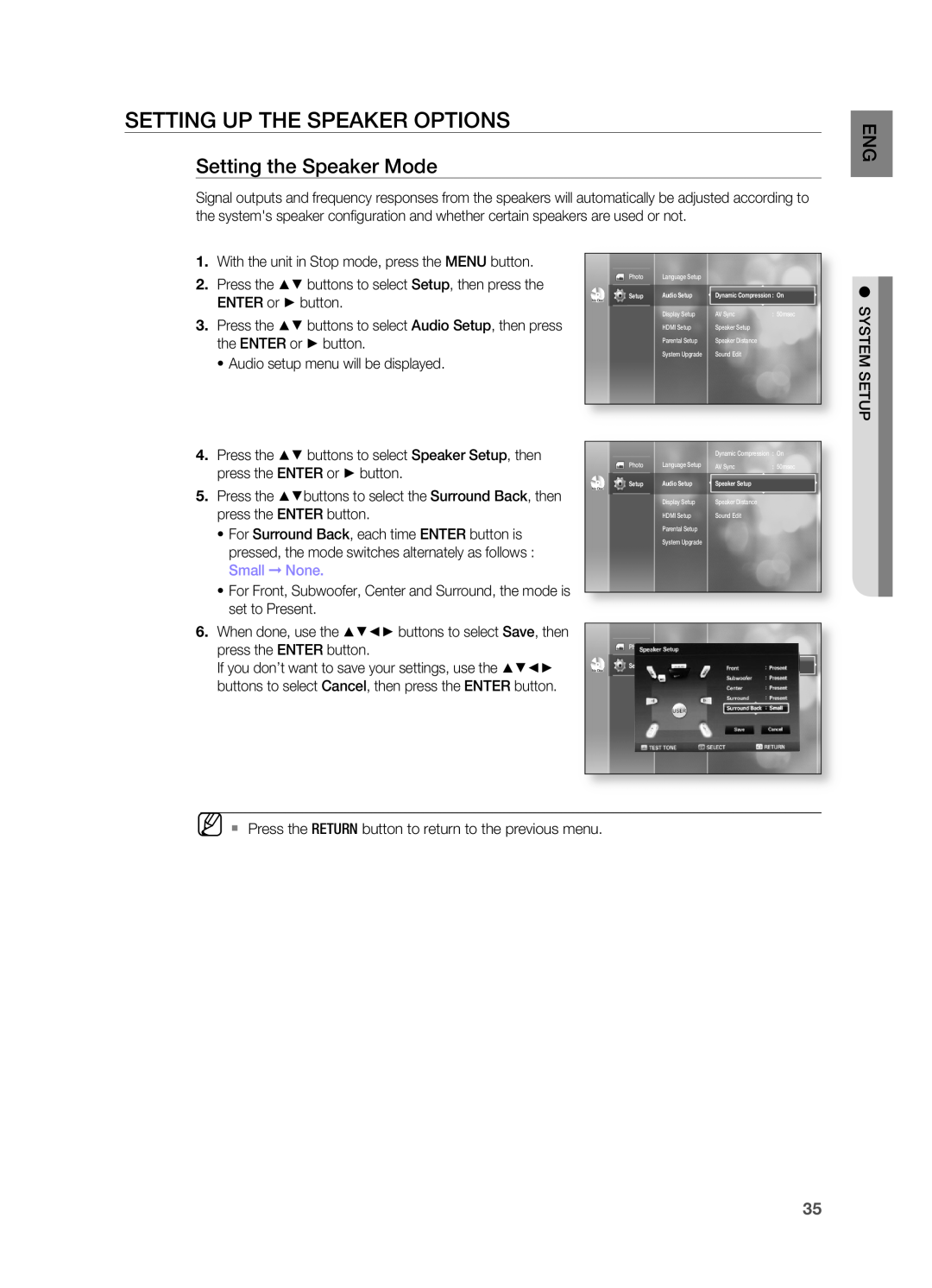 Samsung AH68-02019S manual SETTIng UP THE SPEAKER OPTIOnS, Setting the Speaker Mode, Small none 
