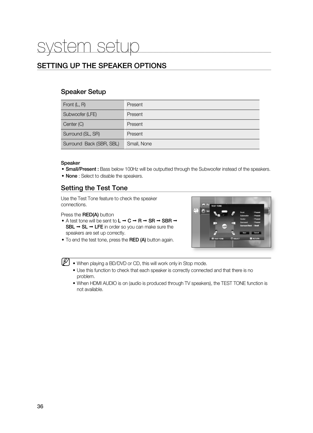 Samsung AH68-02019S manual Speaker Setup, Setting the Test Tone, system setup, SETTIng UP THE SPEAKER OPTIOnS 
