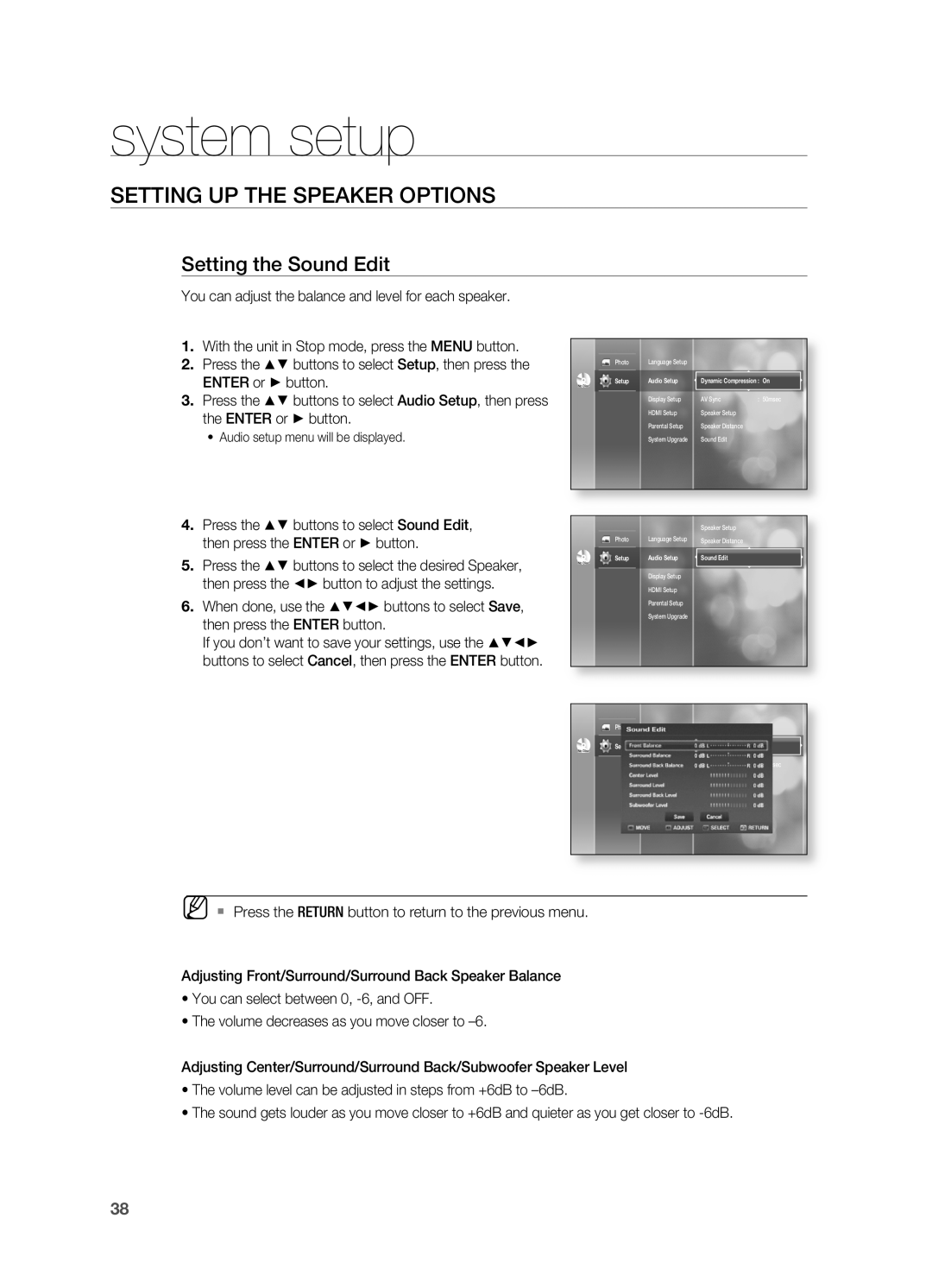 Samsung AH68-02019S manual Setting the Sound Edit, system setup, SETTIng UP THE SPEAKER OPTIOnS 