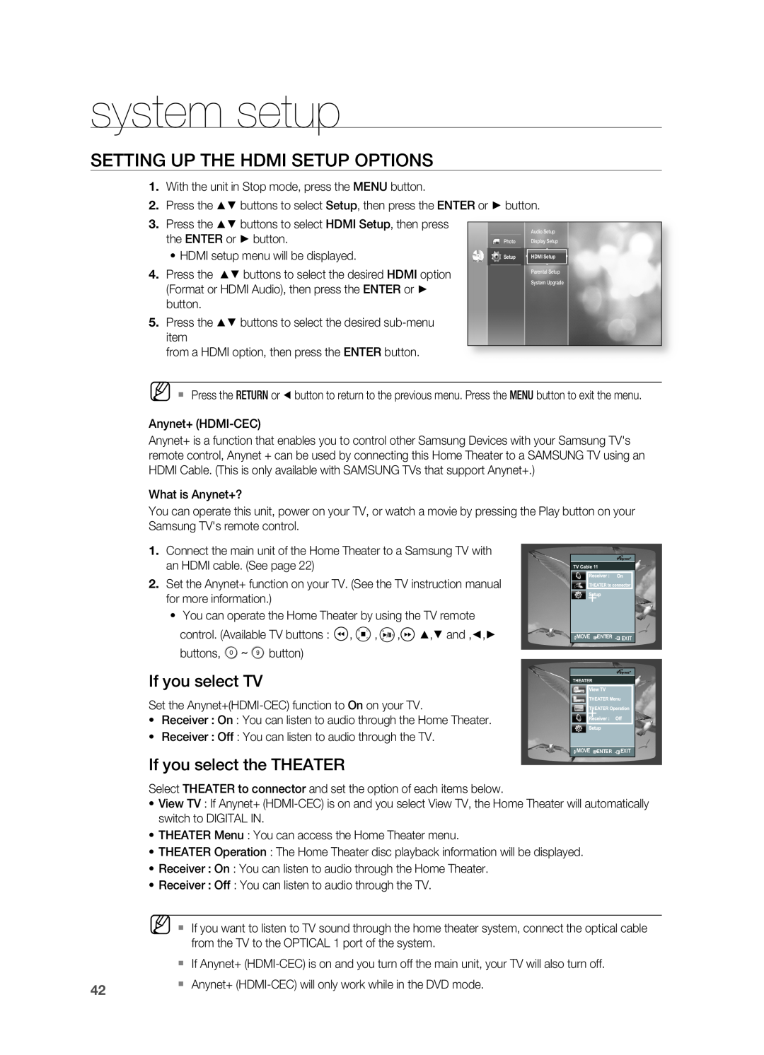 Samsung AH68-02019S manual SETTIng UP THE HDMI SETUP OPTIOnS, If you select TV, If you select the THEATER, system setup 
