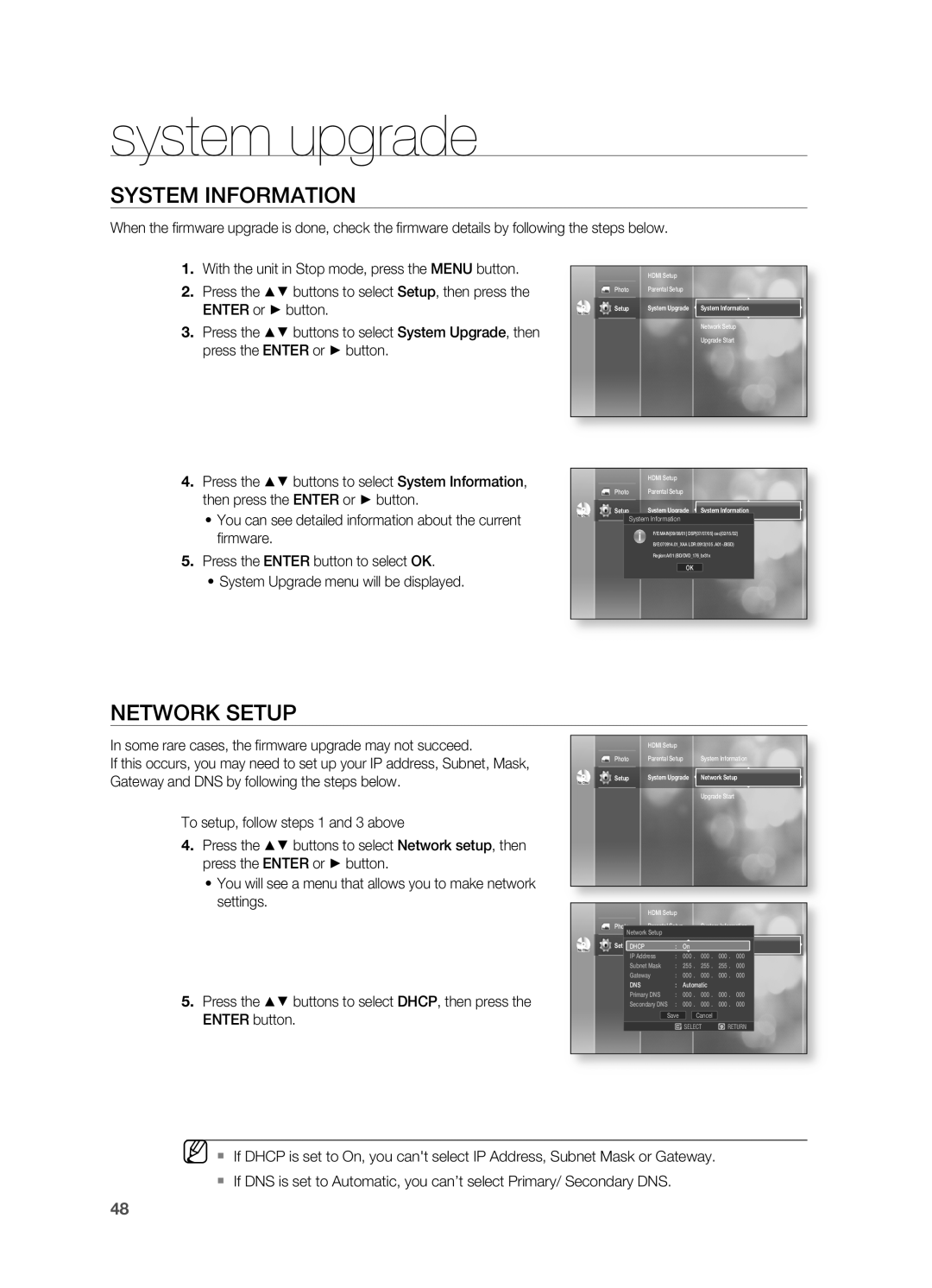 Samsung AH68-02019S manual SYSTEM InFORMATIOn, nETWORK SETUP, system upgrade, EnTER button 