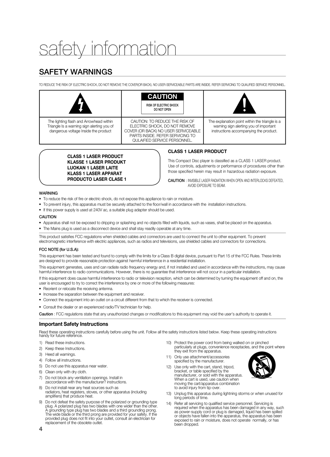 Samsung AH68-02019S manual safety information, Safety Warnings, Important Safety Instructions, Producto Laser Clase 