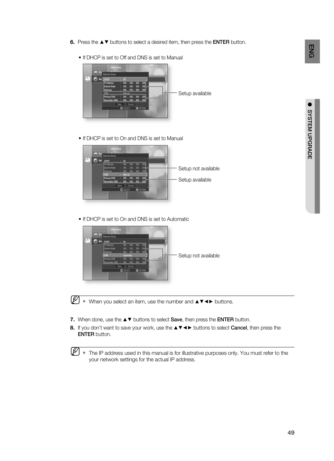 Samsung AH68-02019S manual •If DHCP is set to Off and DNS is set to Manual 