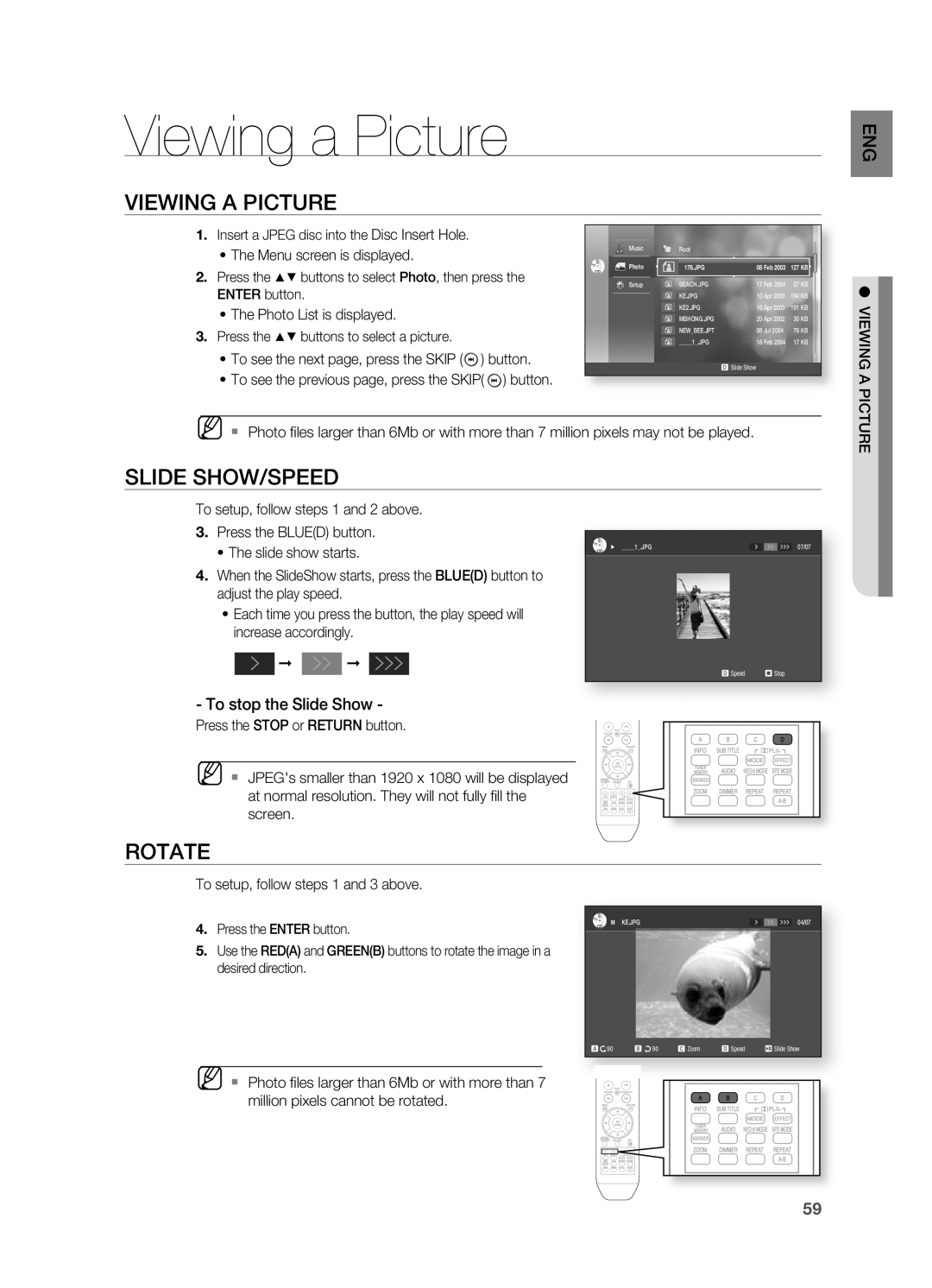 Samsung AH68-02019S manual Viewing a Picture, VIEWIng A PICTURE, Slide Show/Speed, Rotate 