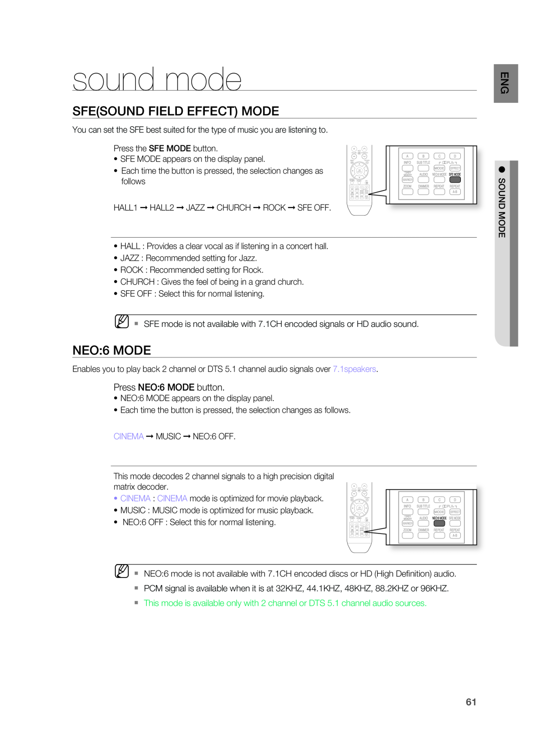 Samsung AH68-02019S manual sound mode, SFESOUnD FIELD EFFECT MODE, nEO:6 MODE 