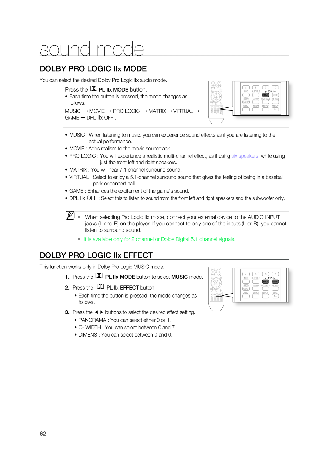 Samsung AH68-02019S manual DOLBY PRO LOgIC IIx MODE, DOLBY PRO LOgIC IIx EFFECT, sound mode 