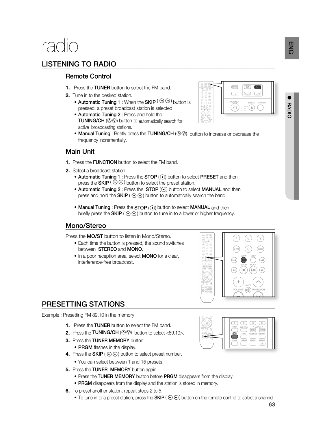 Samsung AH68-02019S manual radio, LISTEnIng TO RADIO, PRESETTIng STATIOnS, Remote Control, Main Unit, Mono/Stereo 