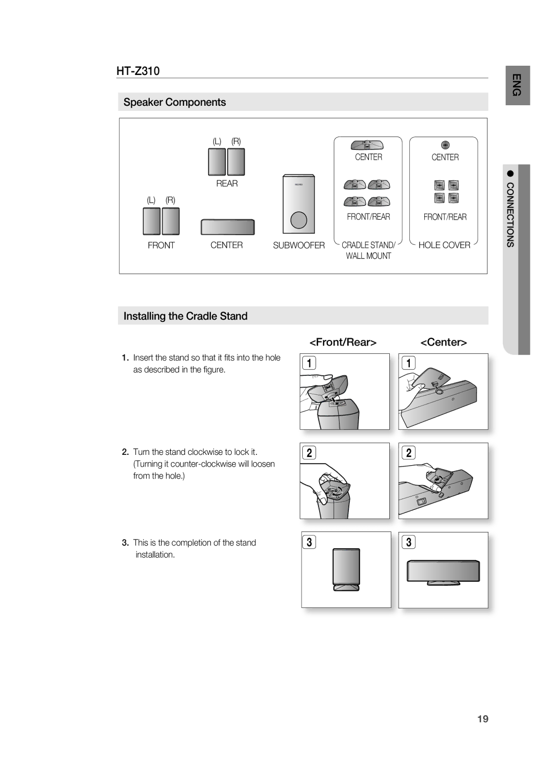 Samsung AH68-02055S manual Ht-Z310, Speaker Components, Installing the Cradle Stand Front/rear Center 