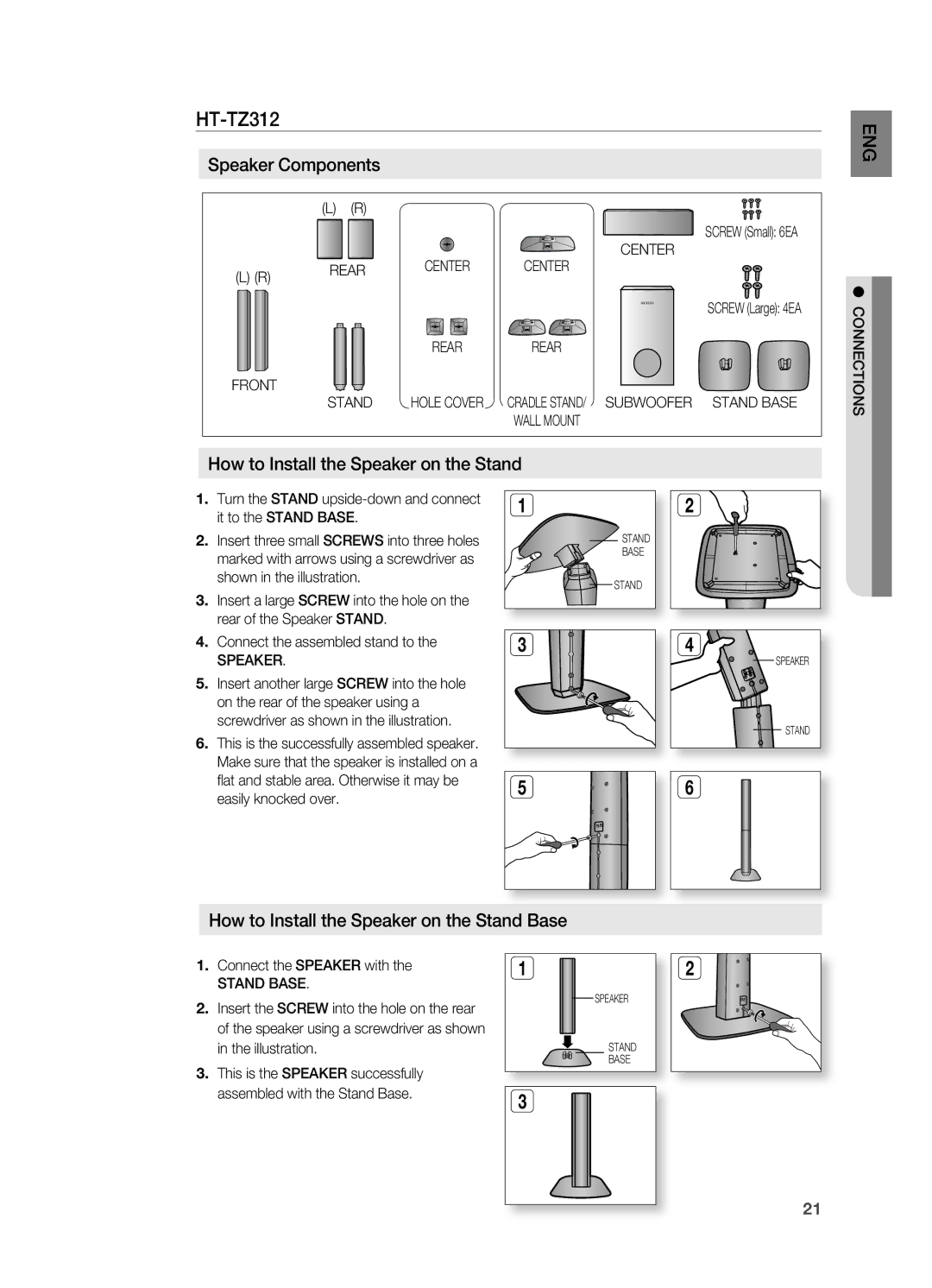 Samsung AH68-02055S Ht-tZ312, How to install the Speaker on the Stand EnG, How to install the Speaker on the Stand Base 