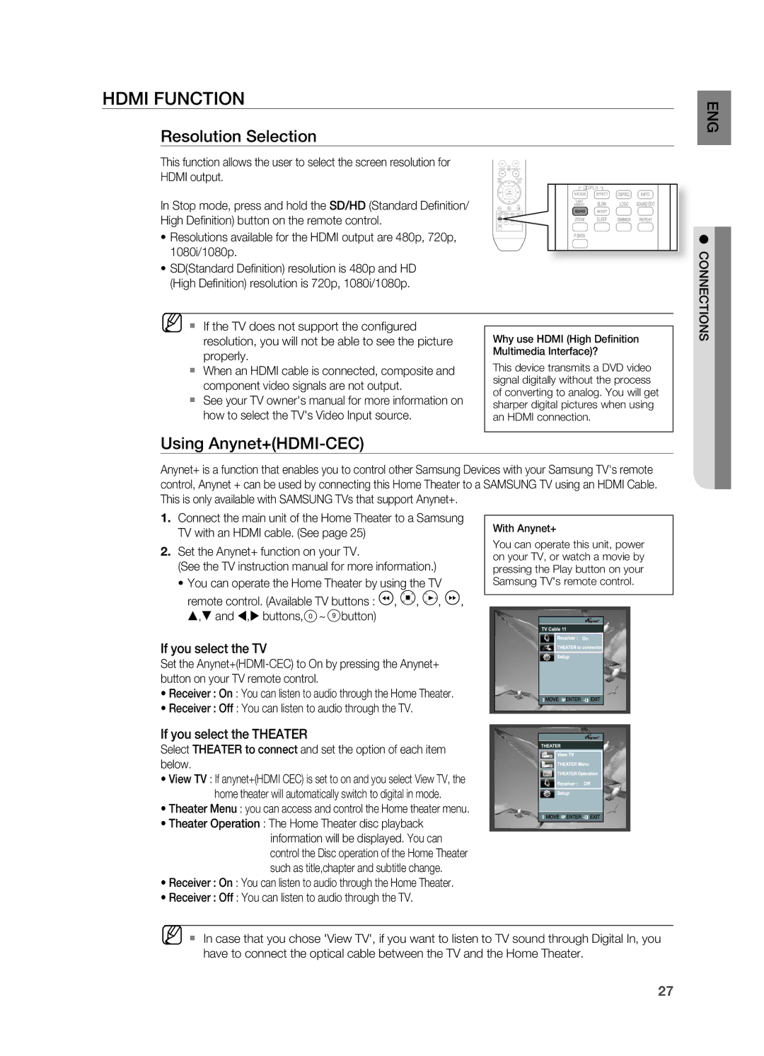 Samsung AH68-02055S manual HDmi fUnCtiOn, Resolution Selection, Using anynet+HDmi-CEC, If you select the tV 