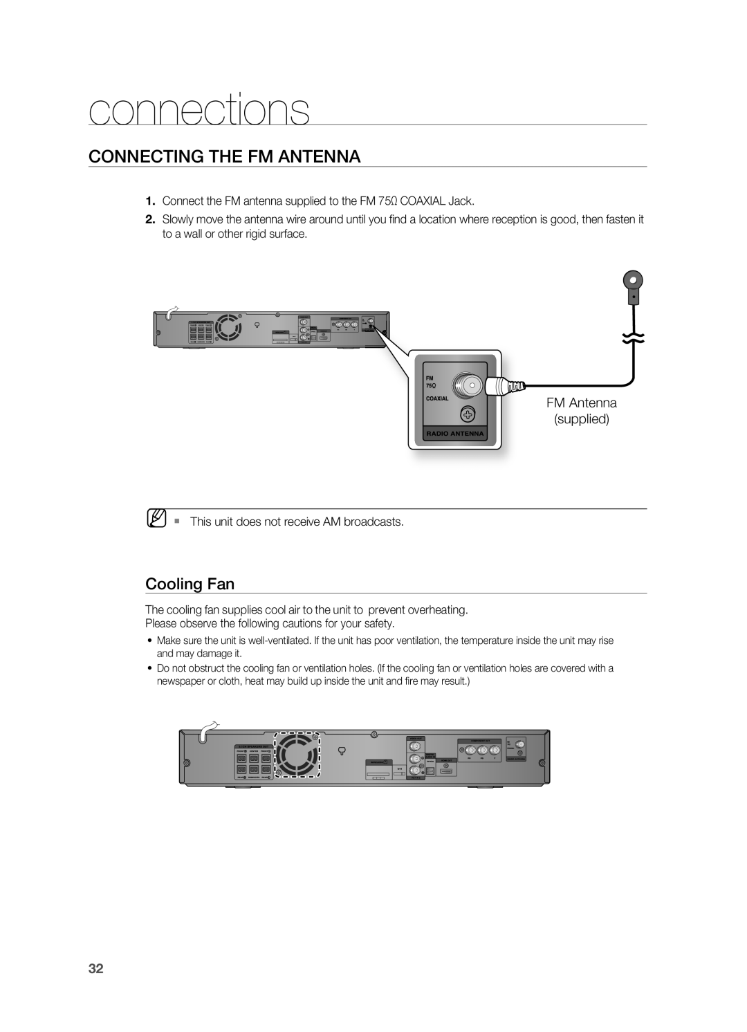 Samsung AH68-02055S manual COnnECtinG tHE fm antEnna, Cooling fan, FM Antenna Supplied 