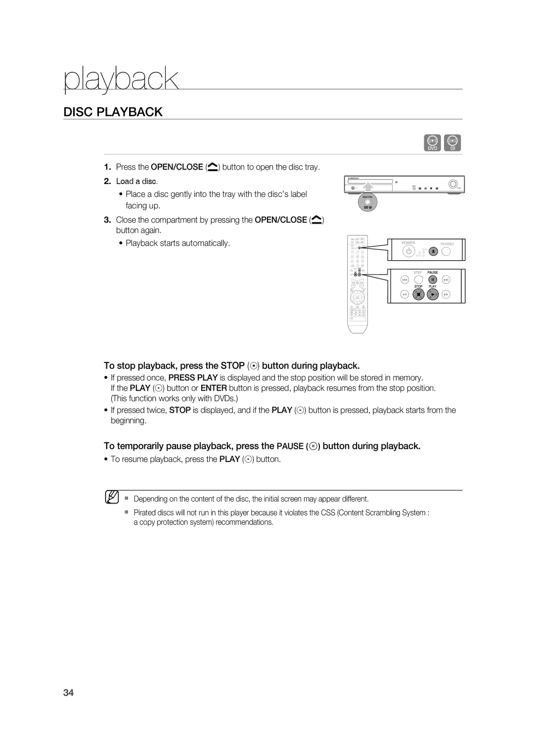 Samsung AH68-02055S manual Playback, DiSC PLayBaCK, To stop playback, press the StOP button during playback 