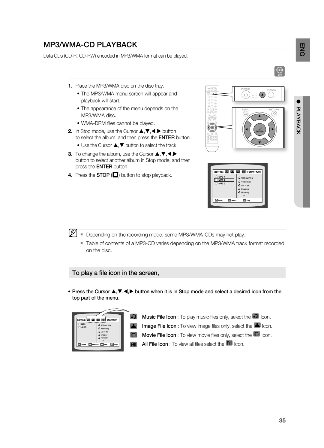 Samsung AH68-02055S manual MP3/Wma-CD PLayBaCK, To play a file icon in the screen 