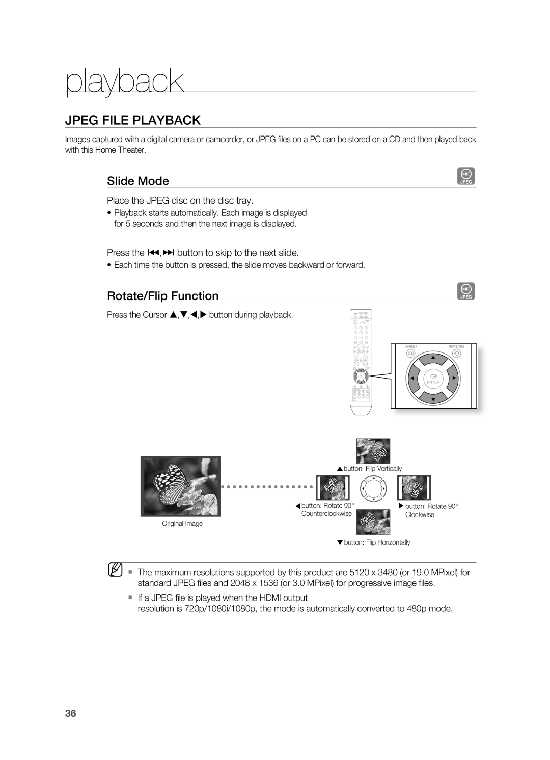 Samsung AH68-02055S manual Jpeg fiLE PLayBaCK, Slide mode, Rotate/flip function, Place the Jpeg disc on the disc tray 