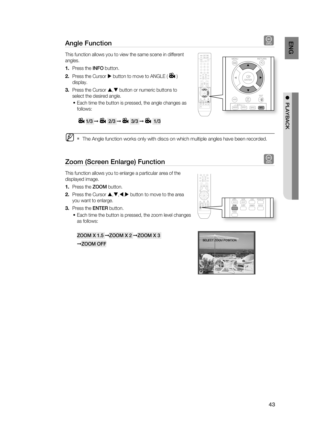 Samsung AH68-02055S manual Angle function, Zoom Screen Enlarge function, PLayBaCK ZOOm Off 