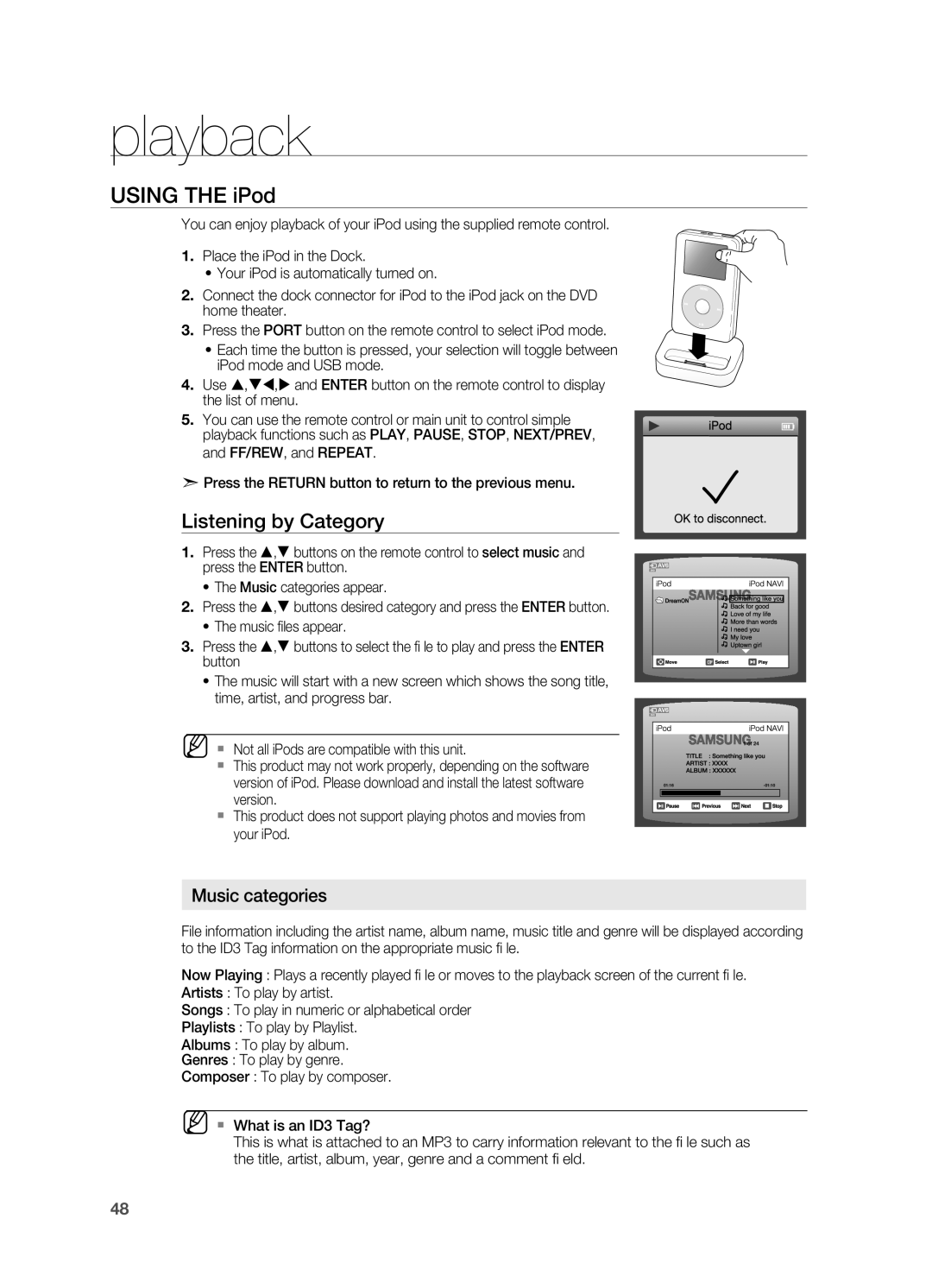 Samsung AH68-02055S manual USinG tHE iPod, Listening by Category, Music categories 