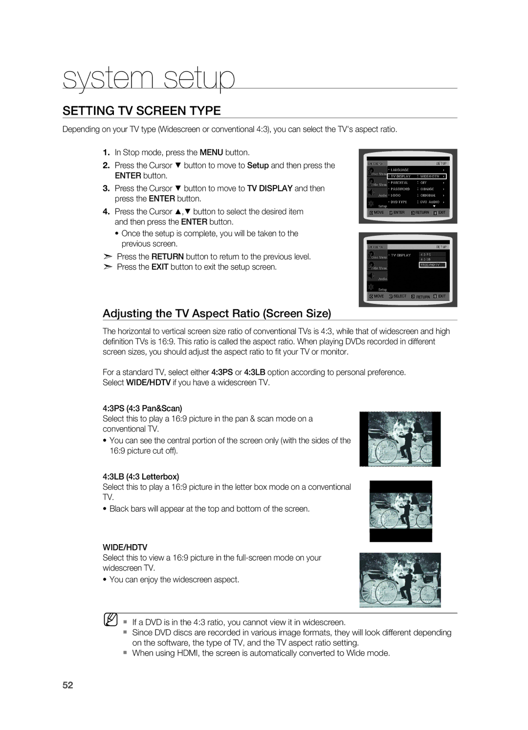 Samsung AH68-02055S manual Setting TV Screen Type, Adjusting the TV Aspect Ratio Screen Size 