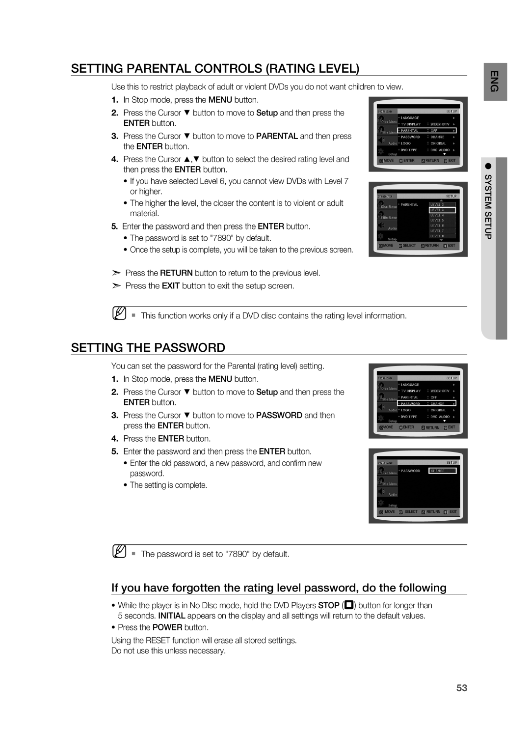 Samsung AH68-02055S Setting Parental Controls Rating Level, Setting the Password, ` The password is set to 7890 by default 