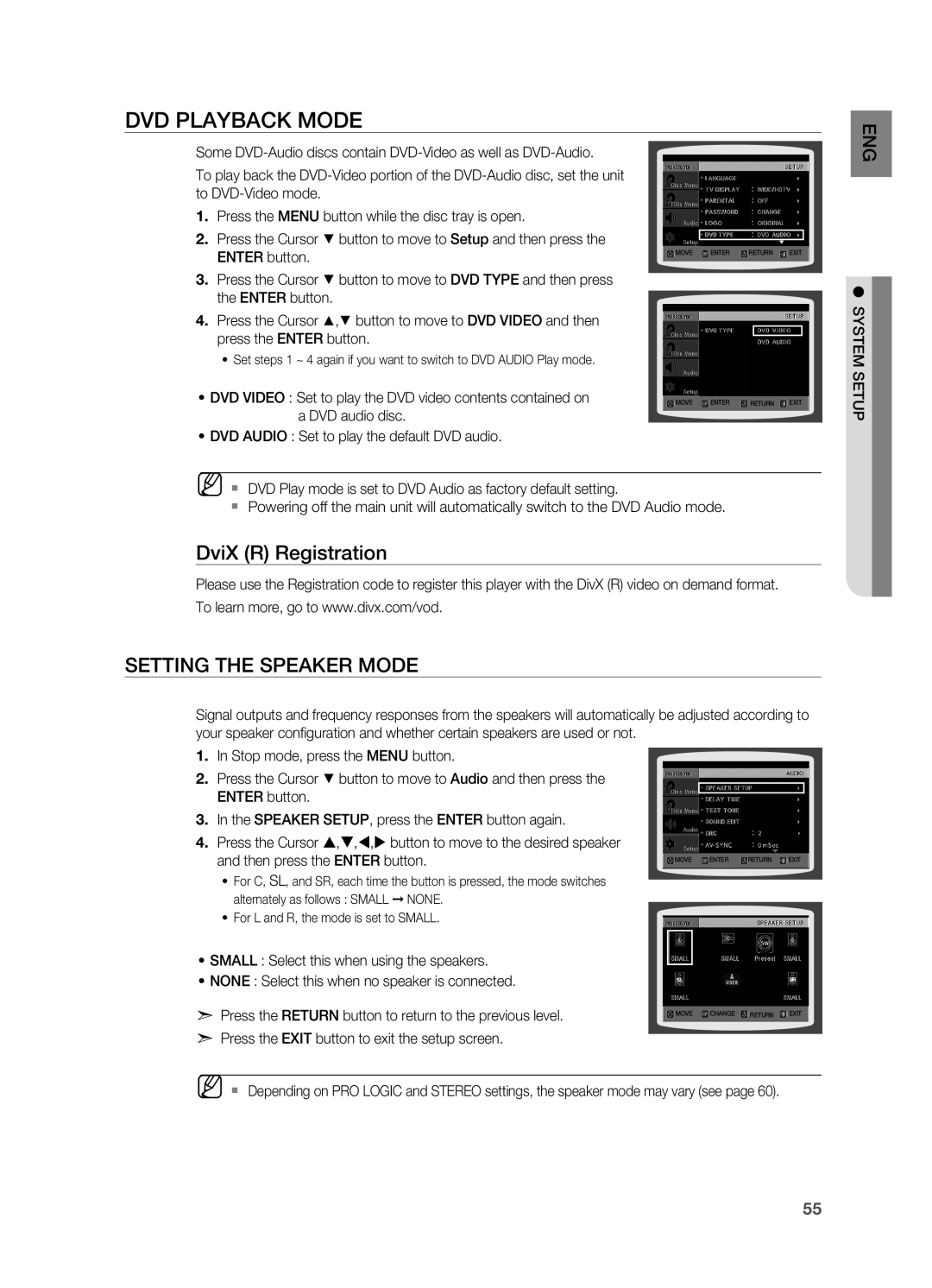 Samsung AH68-02055S manual DVD Playback Mode, DviX R Registration Setting the Speaker Mode 