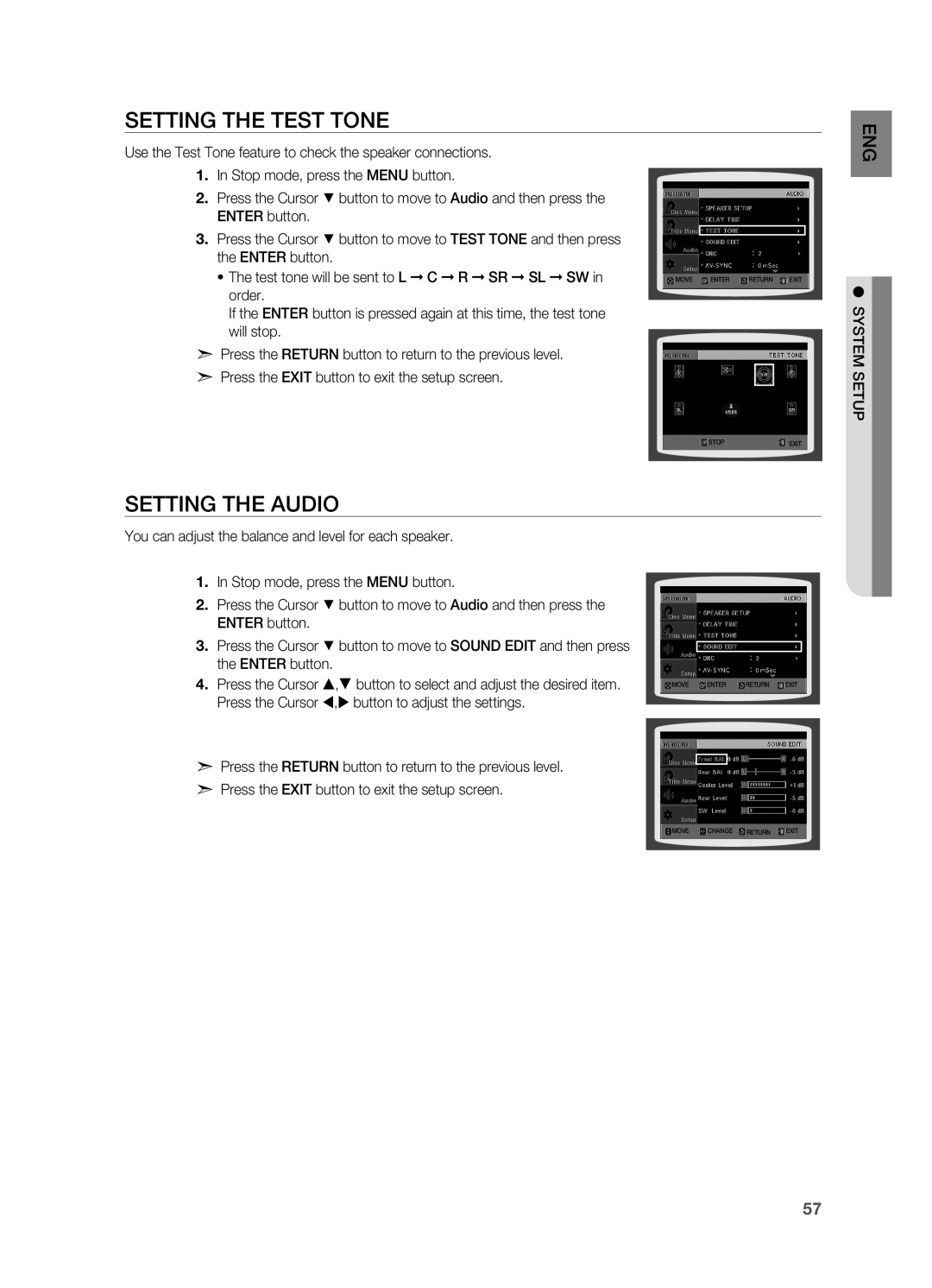 Samsung AH68-02055S Setting the Test Tone, Setting the Audio, Use the Test Tone feature to check the speaker connections 