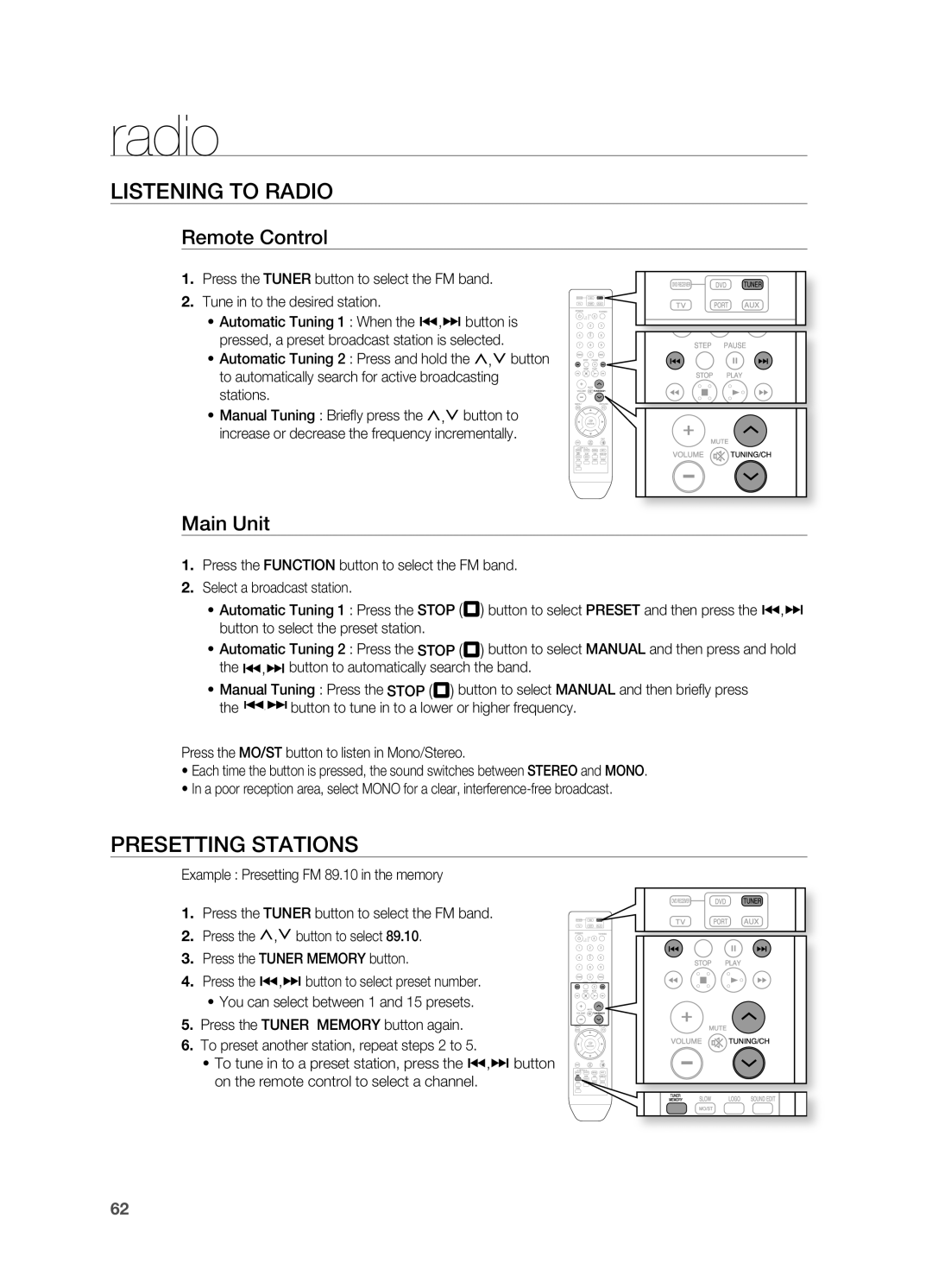 Samsung AH68-02055S manual Radio, LiStEninG tO raDiO, PrESEttinG StatiOnS, Remote Control, Main Unit 