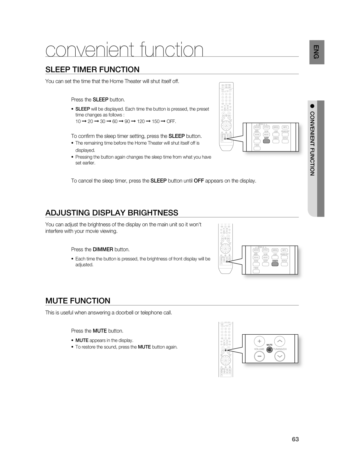 Samsung AH68-02055S manual Convenient function, Sleep timEr fUnCtiOn, ADJUStinG DiSPLay BriGHtnESS, MUtE fUnCtiOn 