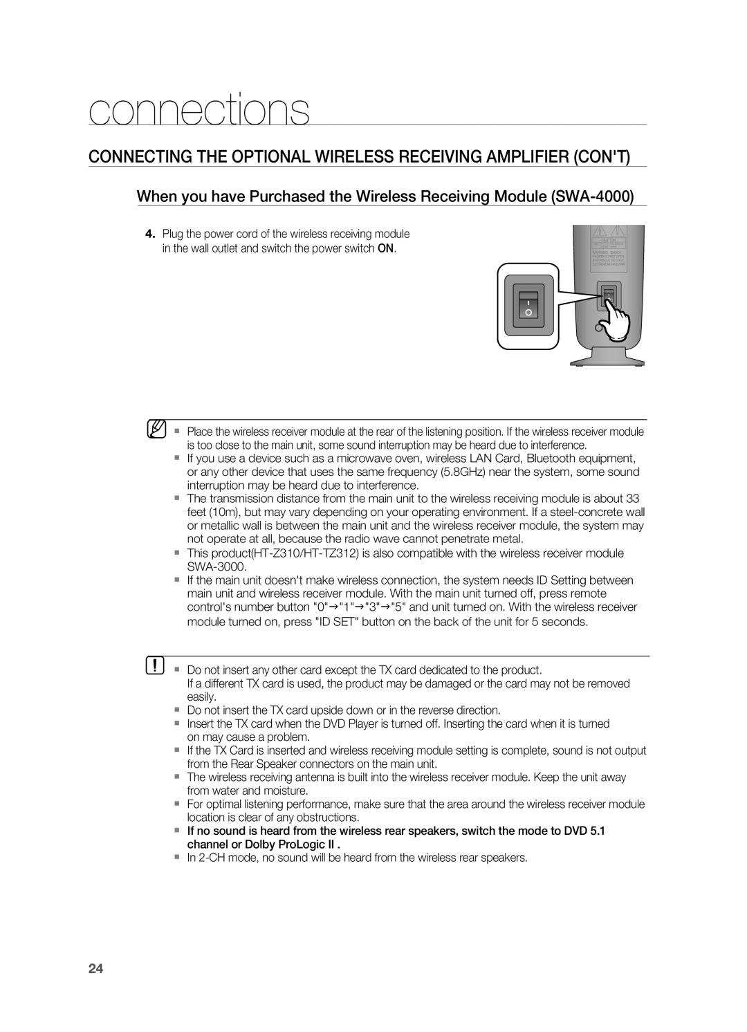 Samsung AH68-02055S manual Connecting the Optional Wireless Receiving Amplifier cont, connections 