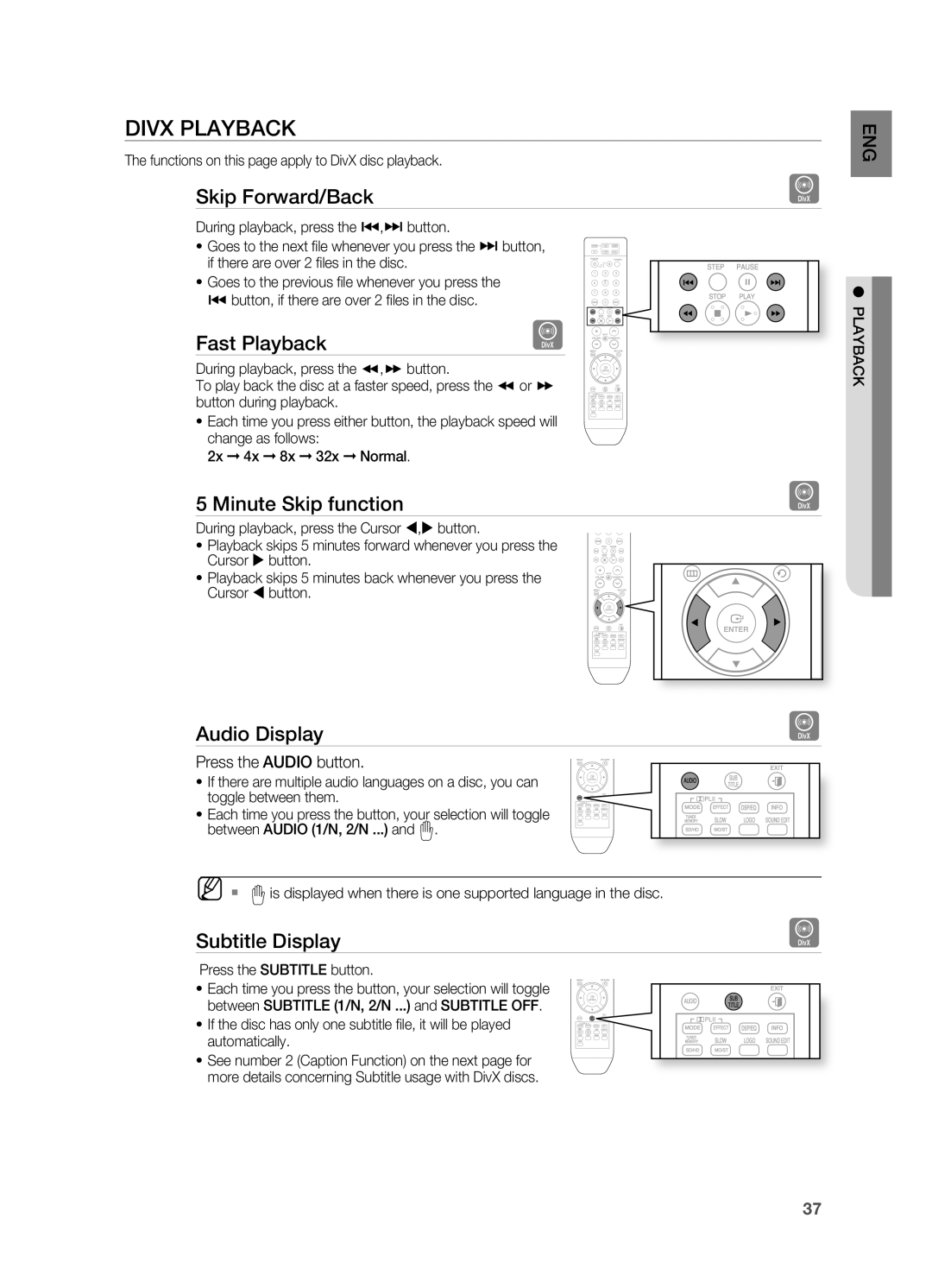 Samsung AH68-02055S manual D D D, DiVX PLayBaCK, Skip forward/Back, fast Playback, minute Skip function, audio Display 