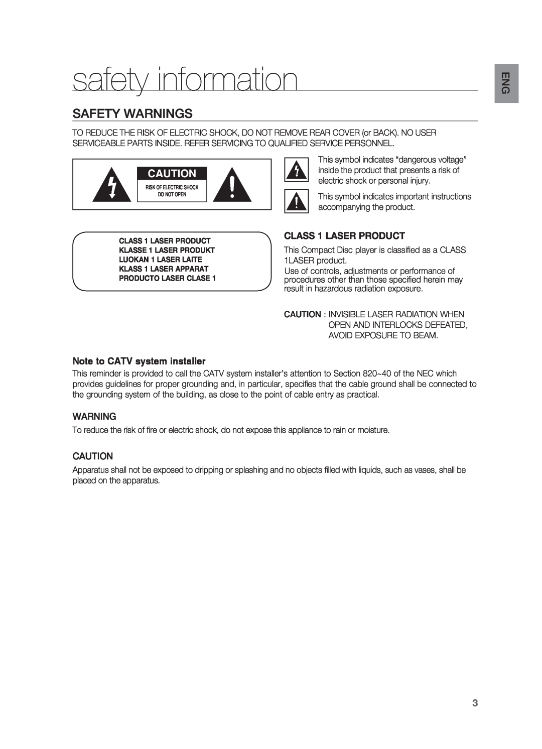 Samsung AH68-02055S manual safety information, Safety Warnings, Note to CATV system installer, CLASS 1 LASER PRODUCT 
