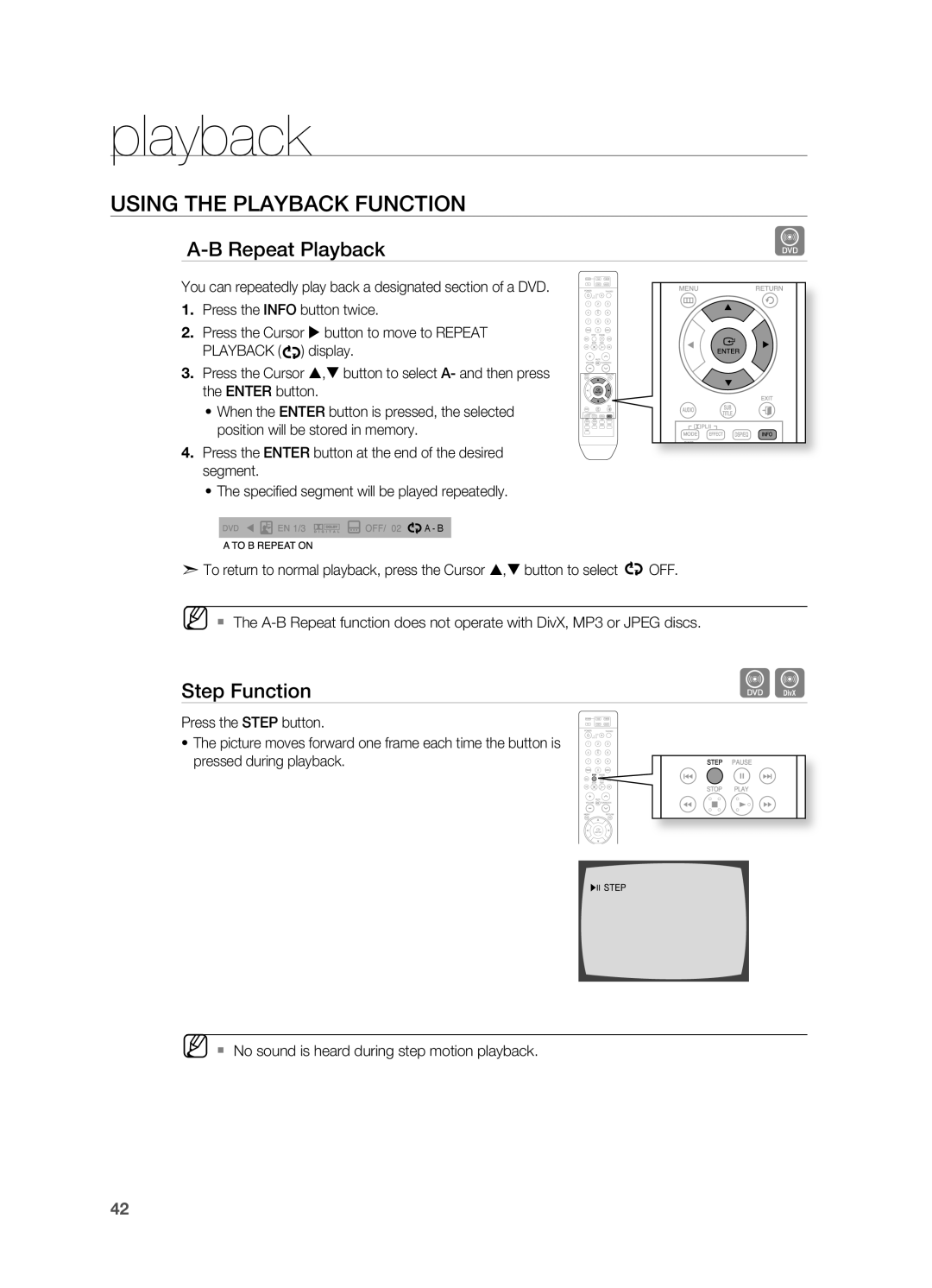 Samsung AH68-02055S manual a-B repeat Playback, Step function, playback, USinG tHE PLayBaCK fUnCtiOn, A - B 