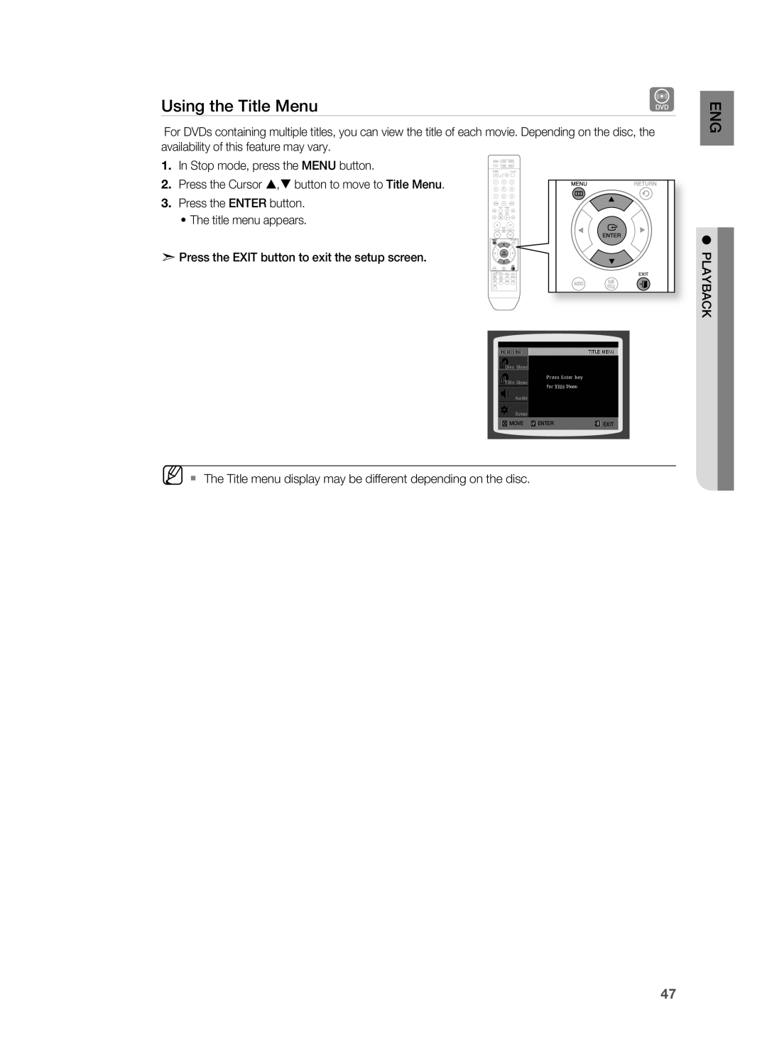 Samsung AH68-02055S manual Using the title menu 