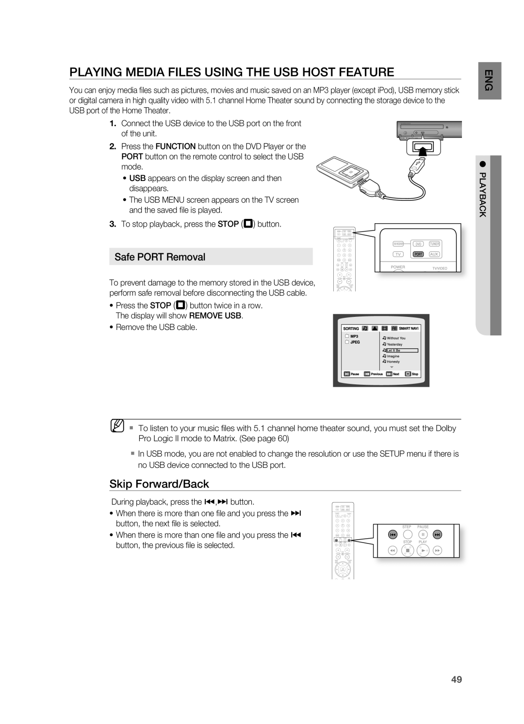 Samsung AH68-02055S manual PLayinG mEDia fiLES USinG tHE USB HOSt fEatUrE, Safe POrt removal, Skip forward/Back 
