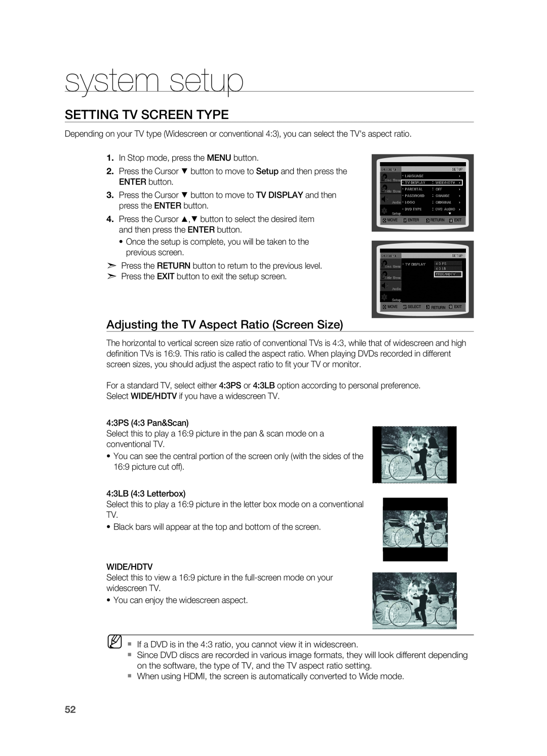 Samsung AH68-02055S manual Setting TV Screen Type, Adjusting the TV Aspect Ratio Screen Size, system setup 