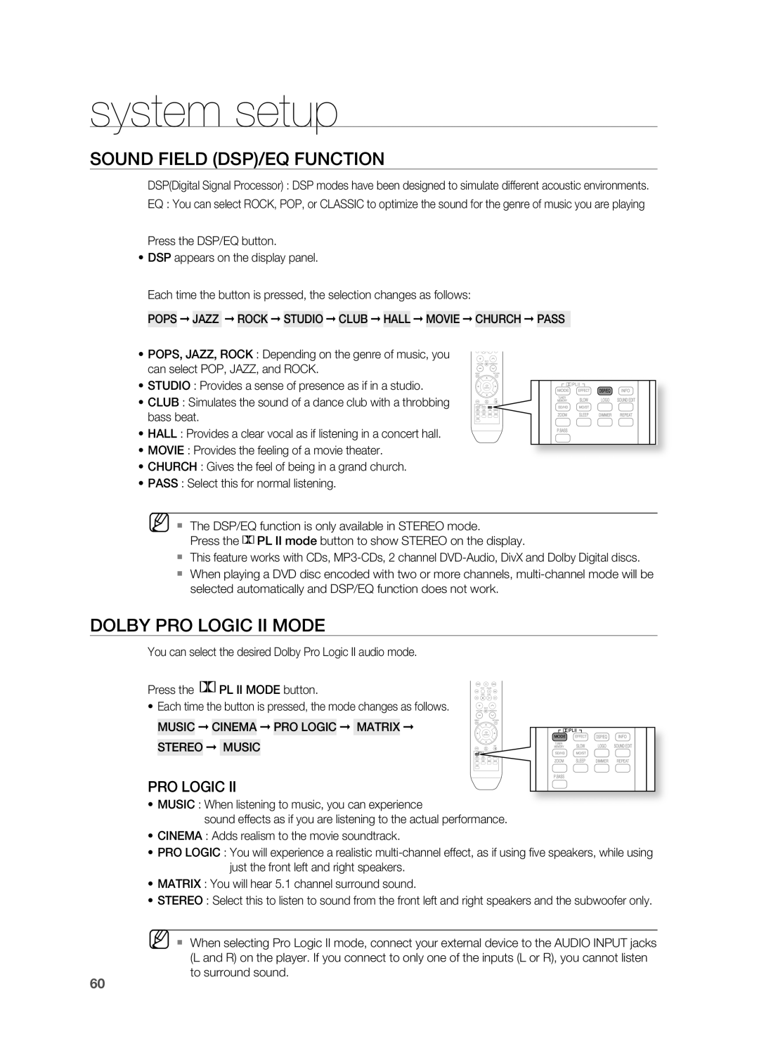 Samsung AH68-02055S manual SOUnD fiELD DSP/EQ fUnCtiOn, DOLBy PrO LOGiC ii mODE, system setup 