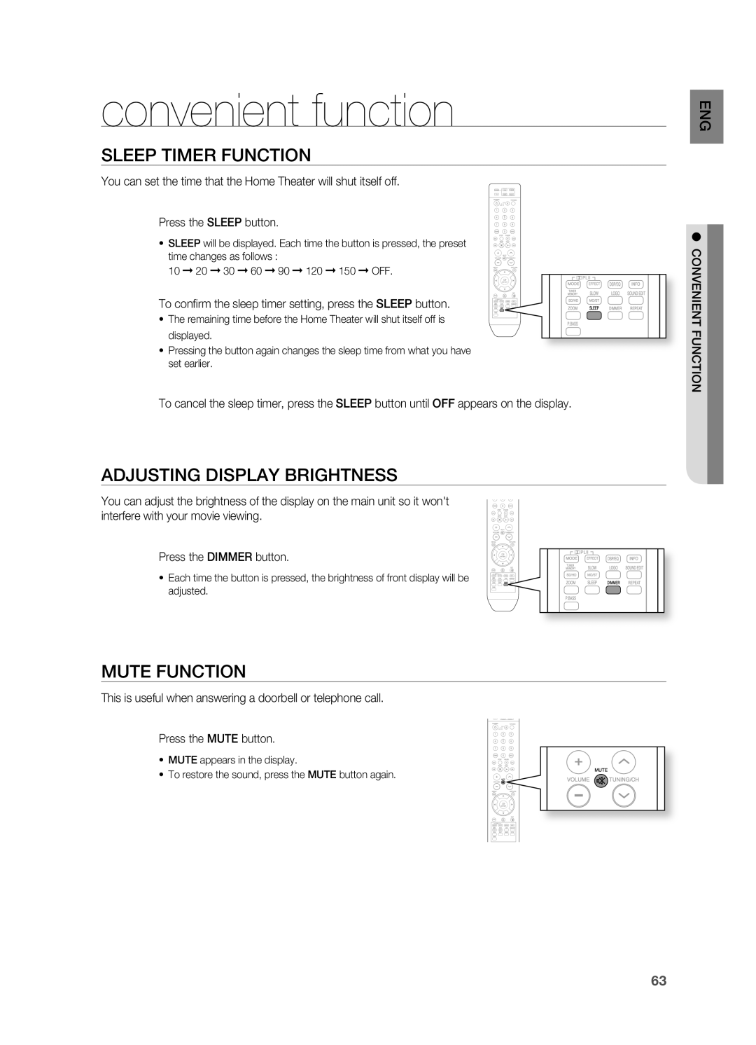 Samsung AH68-02055S manual convenient function, SLEEP timEr fUnCtiOn, aDJUStinG DiSPLay BriGHtnESS, mUtE fUnCtiOn 