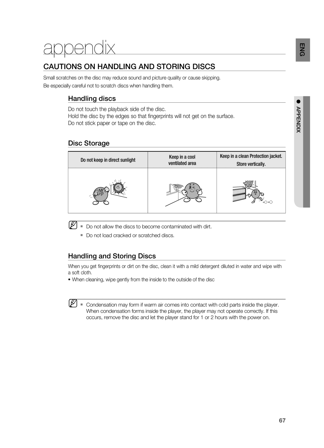 Samsung AH68-02055S manual appendix, Cautions on Handling and Storing Discs, Handling discs, Disc Storage 