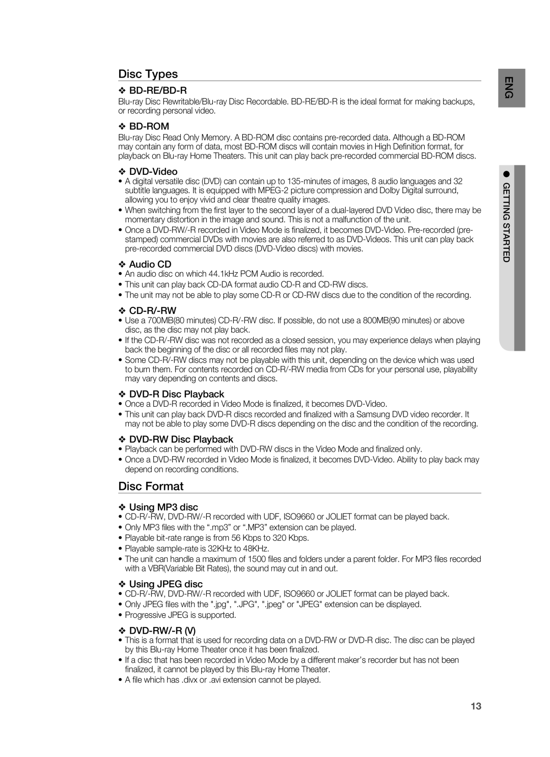 Samsung HT-BD1200, AH68-02178Z user manual Disc Types, Disc Format 