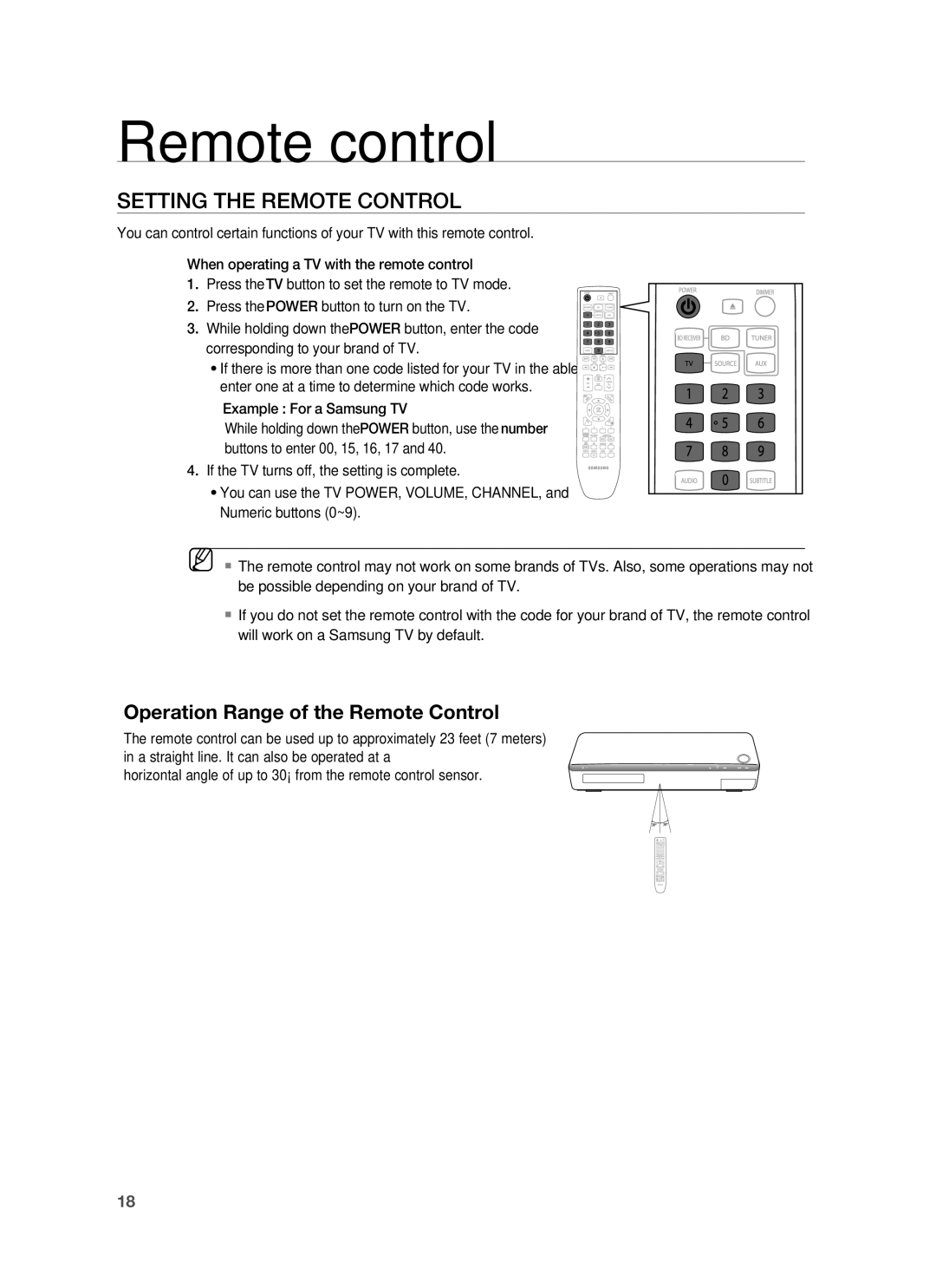 Samsung AH68-02178Z, HT-BD1200 user manual Setting the Remote Control, Operation Range of the Remote Control 